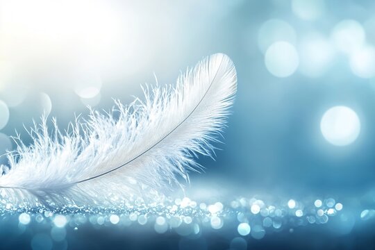 White feather gracefully falling against a lite blue background. Generative Ai