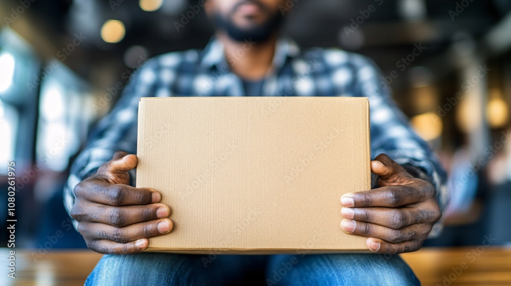 Fototapete Person sitting alone in an empty office with a single box of personal items on a desk symbolizing the end of a business Bankruptcy concept with side empty space for text Stockphoto style
