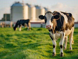 Fototapeta premium Black and White Cow in a Green Pasture