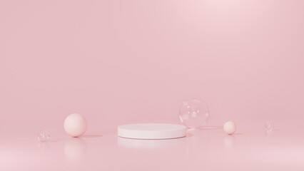 Background featuring an empty product display mockup with a pink backdrop and abstract geometric platforms designed for showcasing merchandise in landscape orientation.