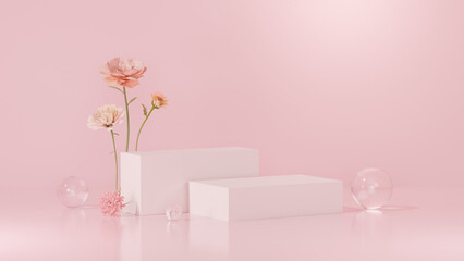 Background featuring an empty product display mockup with a pink backdrop and abstract geometric platforms designed for showcasing merchandise in landscape orientation.