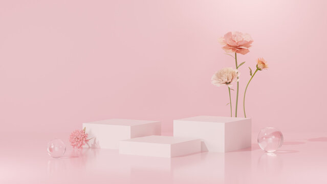 Background featuring an empty product display mockup with a pink backdrop and abstract geometric platforms designed for showcasing merchandise in landscape orientation.