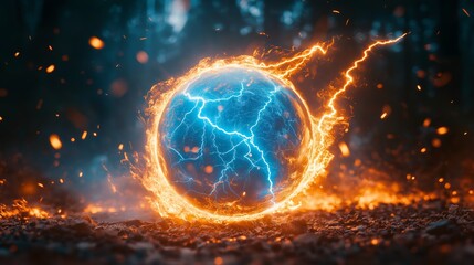Obraz premium Dynamic Fiery Energy Ball with Blue Lightning, Representing Power, Heat, and Dramatic Cosmic Forces, Generative AI