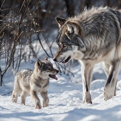 Obraz premium wolf and cub in snow