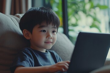 Young boy engaged in online learning at home, using laptop for education and digital communication
