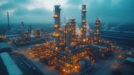 Fototapeta premium An aerial view of a large industrial plant at dusk, with illuminated towers and smokestacks emitting steam into the air.