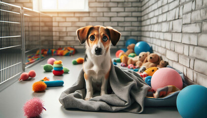 Adorable puppy with big eyes, sitting in a kennel with colorful toys, looking up endearingly