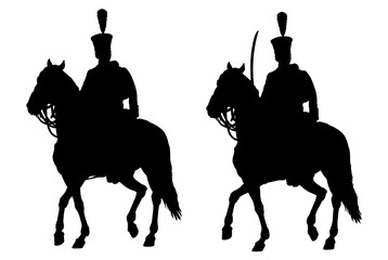 Light cavalry - french Hussar. Mounted soldier of the Napoleonic army. Historical cavalry vector drawing.