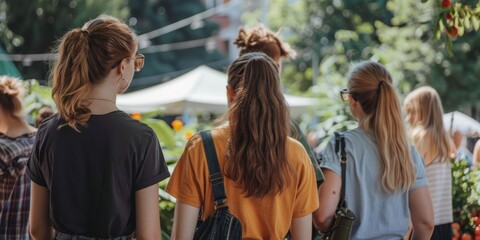 World Vegan Day with back view of friends at a vegan event.