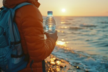 A person carrying a backpack and holding a bottle of water, great for outdoor adventure or travel scenes