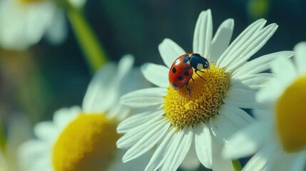 Fototapeta premium A vibrant ladybug with distinctive red and black spots crawls delicately on a fresh white daisy, set against a soft-focused garden background, evoking serene summer vibes.