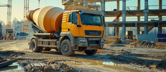 Yellow Cement Mixer Truck on Construction Site