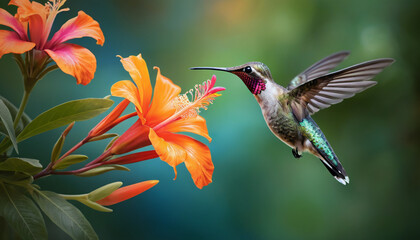 Fototapeta premium Captivating Moments of Nature: Vibrant Hummingbirds Feeding on Tropical Flowers - A Celebration of Color, Beauty, and the Intricacies of Wildlife in a Lush Garden Setting
