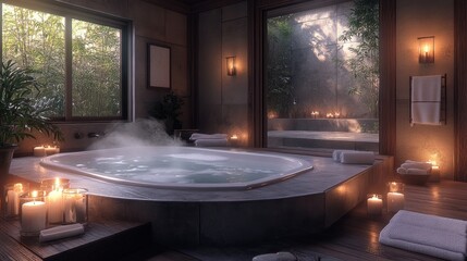 Fototapeta premium Serene bathroom with a hot tub, candles, and natural light.