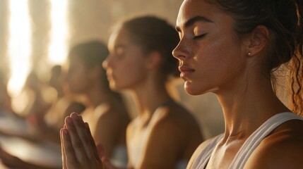 Group of women practicing yoga together, focusing on their breathing and poses