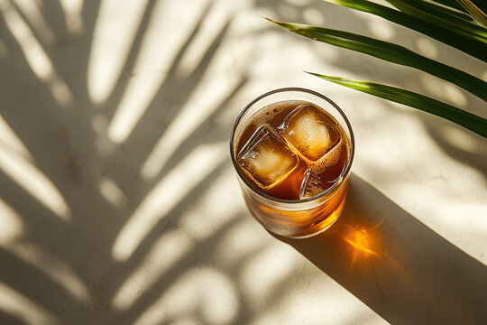 Cold Drip coffee in a modern cafe with concrete walls, palm fronds, chic shadows, eco-friendly, fair trade, natural vibe