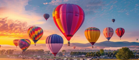 Fototapeta premium Colorful Hot Air Balloons Soar Through a Vibrant Sunrise