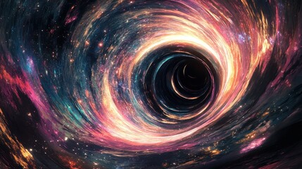 Obraz premium black hole, featuring glowing rings of energy that pulse and rotate around a dark center. The background is filled with a cosmic landscape,