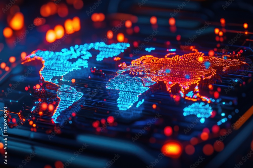 Poster Close-up of a computer keyboard featuring a world map on the desktop, great for business and travel-themed projects