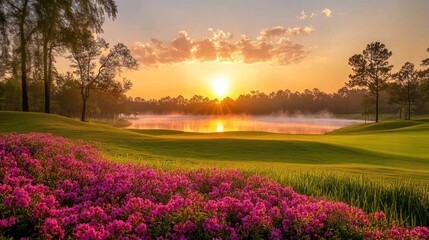 A vibrant sunrise over a golf course with a lake and flowers in the foreground.