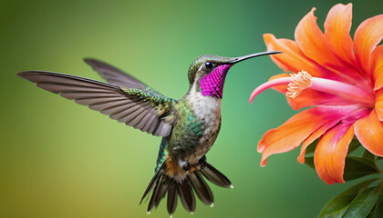 Fototapeta premium Captivating Moments of Nature: Vibrant Hummingbirds Feeding on Tropical Flowers - A Celebration of Color, Beauty, and the Intricacies of Wildlife in a Lush Garden Setting