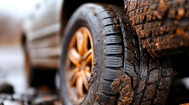 The tough tires of an off-road vehicle are heavily coated with mud, epitomizing a thrilling adventure, with each tread telling tales of rugged landscapes.