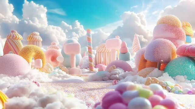 Cotton candy, marshmallows town, A vibrant pastel world filled with delectable sweets and candies, dreamy	
