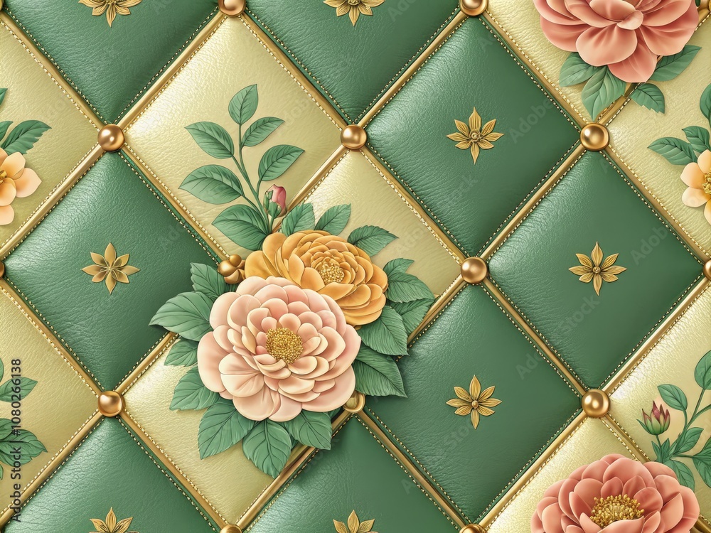 Sticker Elegant Seamless Design Featuring Soft Squares in Green and Golden Hues. Generative AI