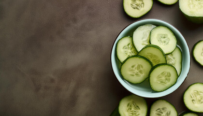 Bowl filled with slices of fresh cucumbers, green vegetables. Close up, top view. Organic farm food