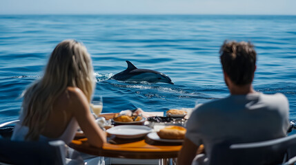 A couple watching dolphins swim near their luxury yacht while enjoying breakfast on the deck.