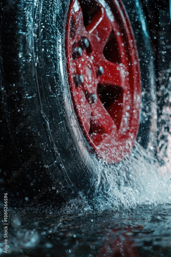 Poster a close-up shot of a red tire on a wet surface, great for automotive or weather-related compositions
