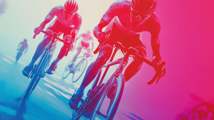 Artistic depiction of cyclists racing with vibrant, abstract backgrounds.