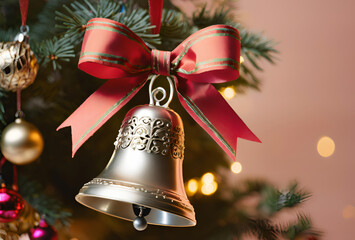 Ornamented Gold Bell: A Touch of Festive Refinement in a Scene Lit with Warm Colors and Shining Lights.