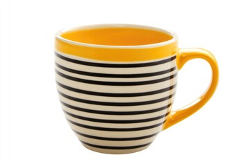 A bright yellow and black striped coffee mug sitting on a clean white background, perfect for a morning pick-me-up