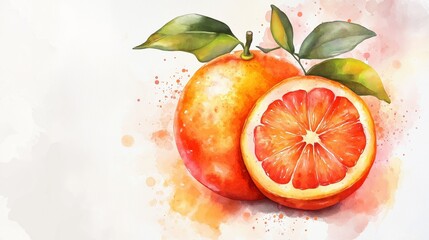 Watercolor illustration of a vibrant orange with leaves, capturing the freshness, color, and juiciness of this healthy citrus fruit, Generative AI