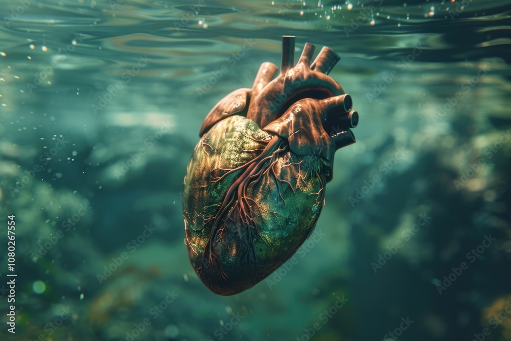 Poster close-up image of a human heart submerged in water