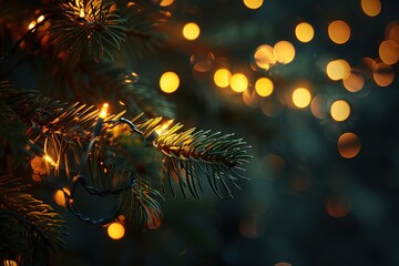 Fototapeta premium Festive Pine Tree Branch with Golden Bokeh Lights