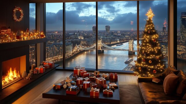Cozy Christmas living room with festive decorations and a stunning view of London skyline, creating a warm holiday ambiance, Generative AI
