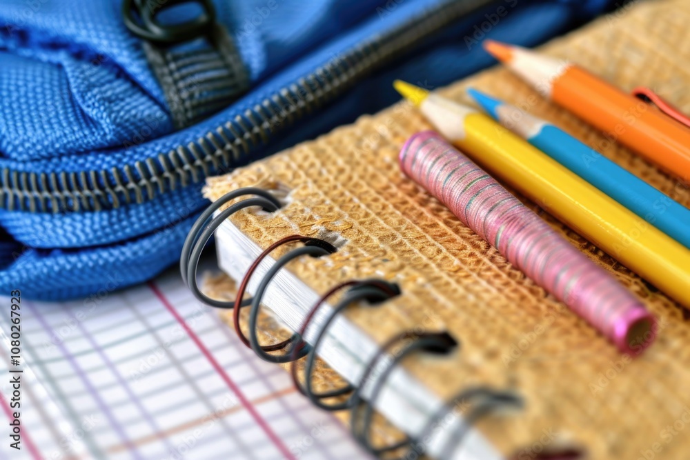 Poster A close-up view of a notebook with pencils resting on top