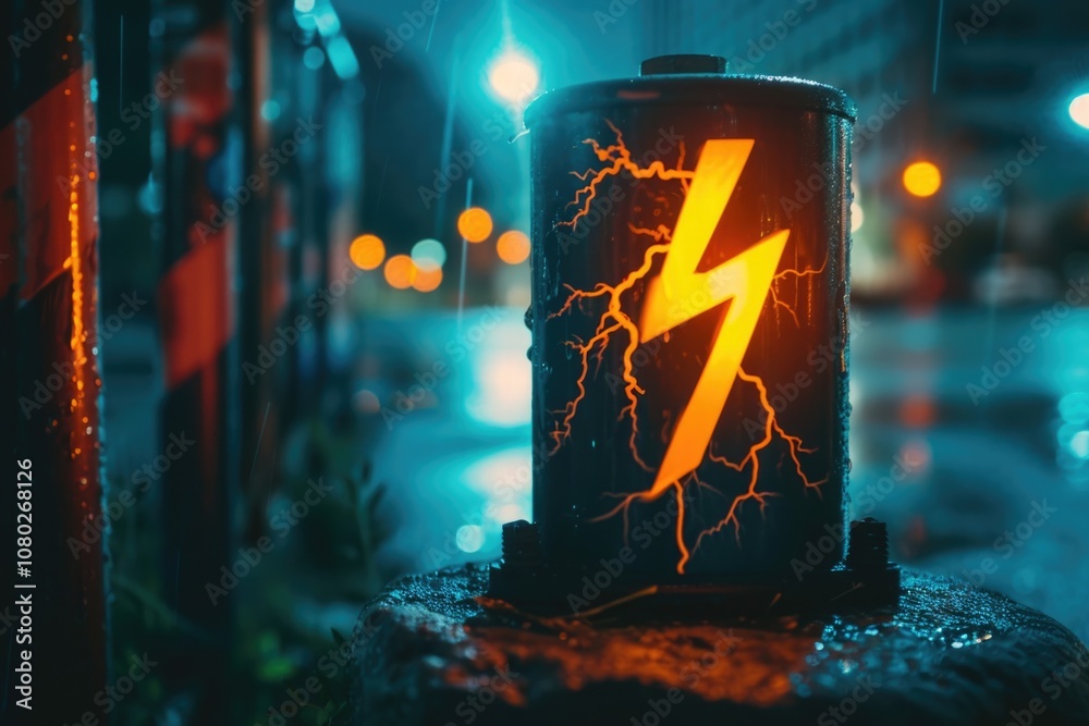 Aufkleber A container with a stylized lightning bolt design, suitable for use in illustrations or graphics related to science, technology, and energy