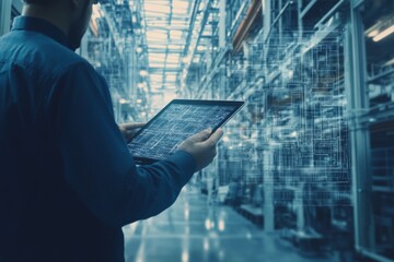 Engineer utilizing tablet for industrial design and digital twin concepts with warehouse background