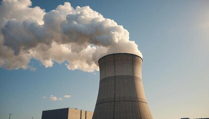 Atomic nuclear reactor or power plant station. Smoke coming from wide chimney against blue sky background. Air pollution and environment concept