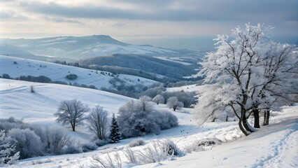 Fototapeta premium Snowy Winter Landscape in Crimea, Serene Snow-Covered Scenery in Crimea 