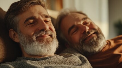 Fototapeta premium Men relaxing together on a sofa, possibly friends or partners