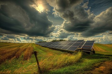 Solar Panels in a Field Under a Dramatic Sky