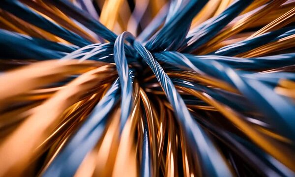 Close-up of intertwined copper and blue wires.