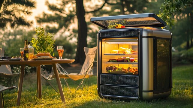 Solar-powered portable fridges for camping and outdoor events, maintaining food freshness.