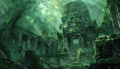 Ancient Stone Temple Ruins Overgrown with Lush Tropical Foliage