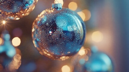 Obraz premium A detailed view of a Christmas ornament hanging from a tree branch