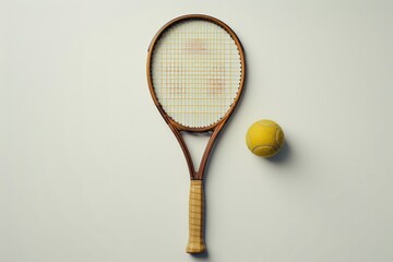 A tennis racket and ball on a white surface, ready for play